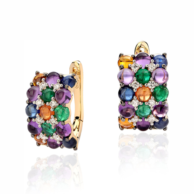 Серьги из желтого золота 585 пробы с сапфирами, аметистами, изумрудами и бриллиантами 01С6312855-4