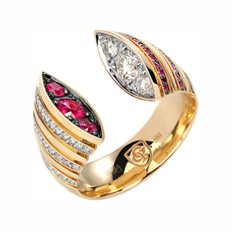 Кольцо из желтого золота 585 пробы с рубинами и бриллиантами 01К6313299-1