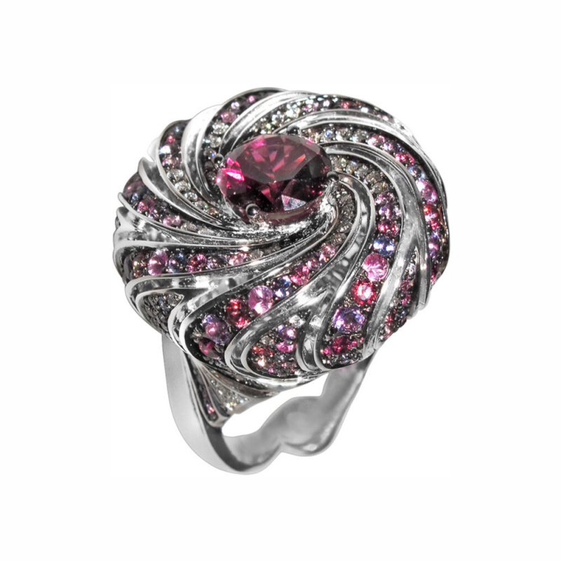 Кольцо из белого золота 585 пробы с топазами, сапфирами, родолитами, иолитами, аметистами и бриллиантами 01К6211722-1