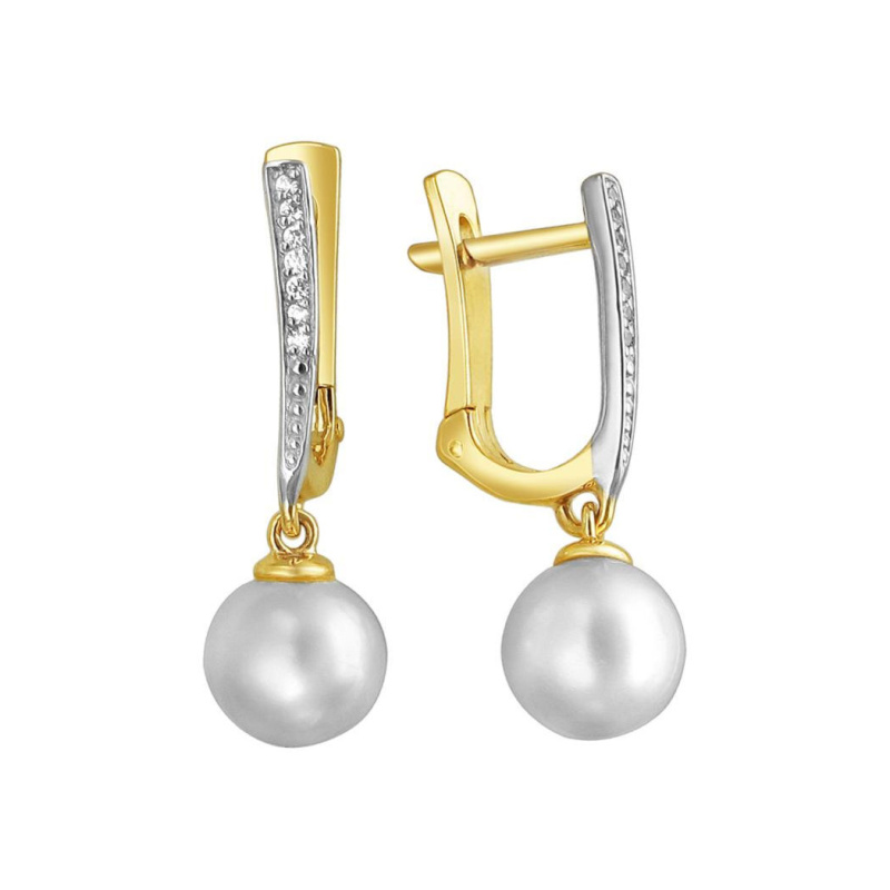 Серьги из желтого золота 585 пробы с фианитами и жемчугом 01С3311859Р-1