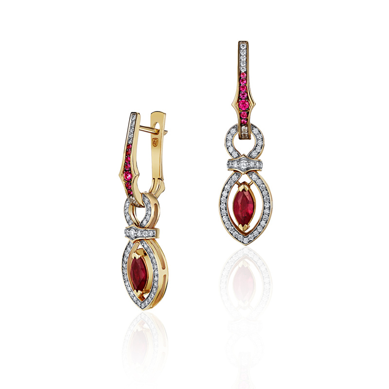 Серьги из желтого золота 750 пробы с рубинами и бриллиантами 01С6471084-3