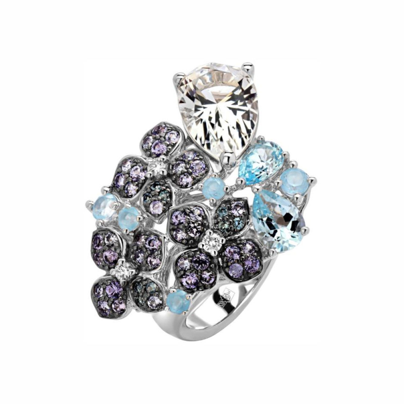 Кольцо из белого золота 585 пробы с топазами, танзанитами, сапфирами и бриллиантами 01К6214601-1