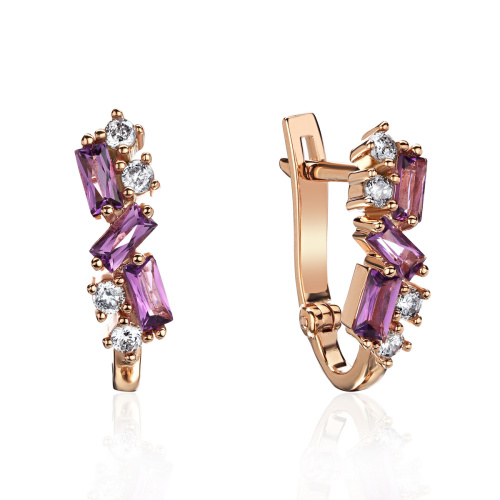 Серьги из красного золота 585 пробы с аметистами и фианитами 01С2115976-1