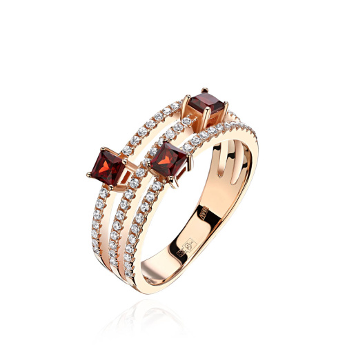 Кольцо из красного золота 585 пробы с гранатами и фианитами 01К3114107-1
