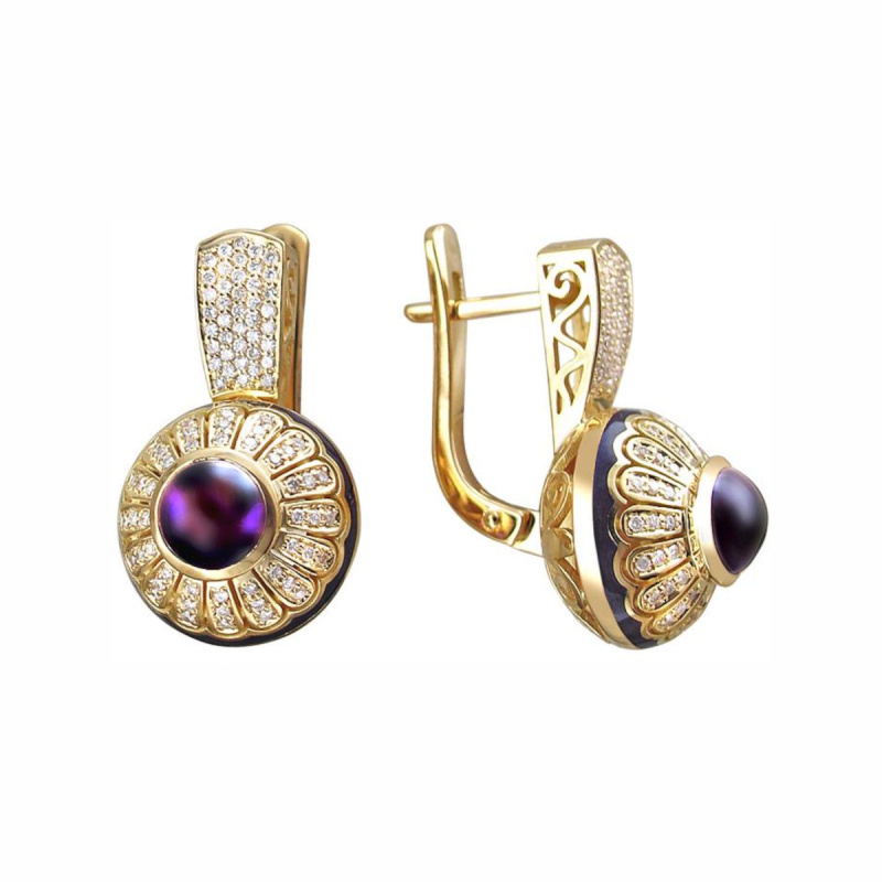 Серьги из желтого золота 750 пробы с аметистами, бриллиантами и эмалью 01С646673Э-1