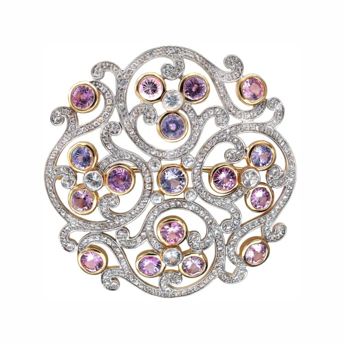 Брошь из желтого золота 750 пробы с сапфирами 01Ш540229-1