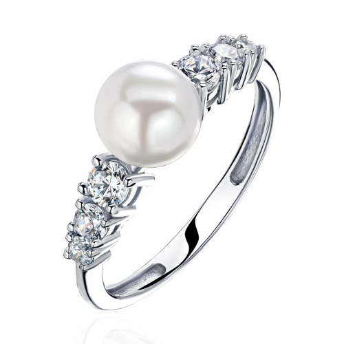 Кольцо из белого золота 585 пробы с фианитами и жемчугом 01К3213113-1