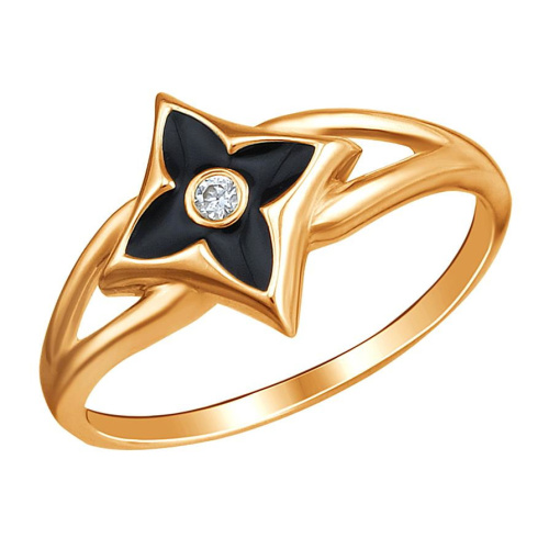 Кольцо из красного золота 585 пробы с фианитом и эмалью 01К1114059Э