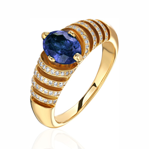 Кольцо из желтого золота 750 пробы с сапфиром и бриллиантами 01К643695-1
