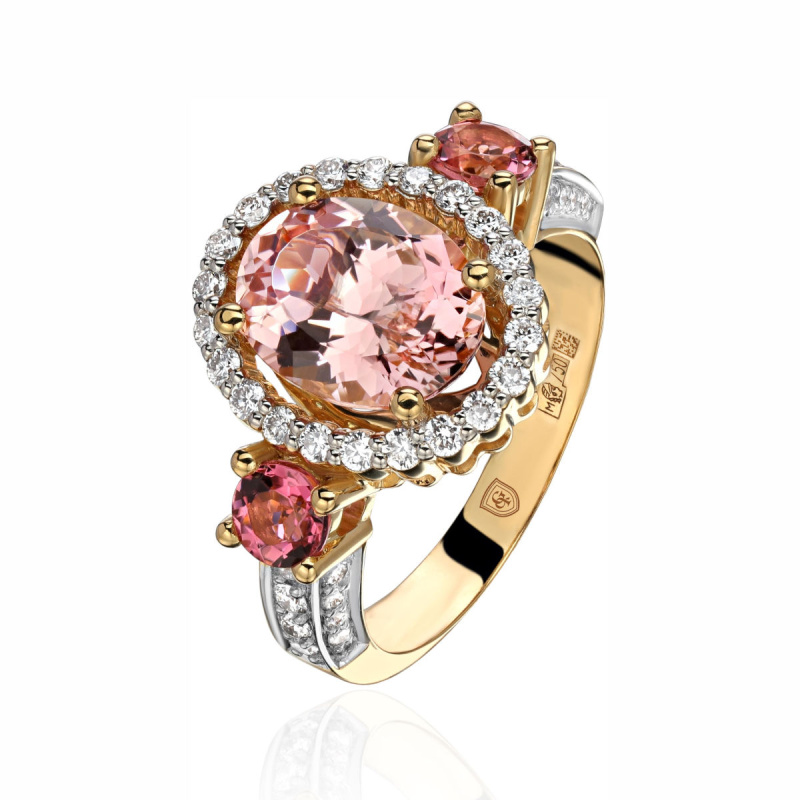 Кольцо из желтого золота 750 пробы с турмалинами и бриллиантами 01К6415088-3