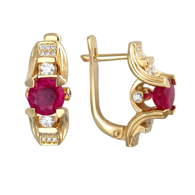 Серьги из желтого золота 750 пробы с рубинами и бриллиантами 01С646314-4