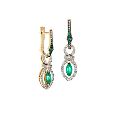 Серьги из желтого золота 750 пробы с изумрудами и бриллиантами 01С6471084-1