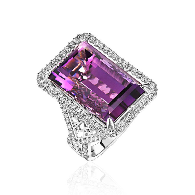 Кольцо из белого золота 585 пробы с аметистом и бриллиантами 01К6214422-2