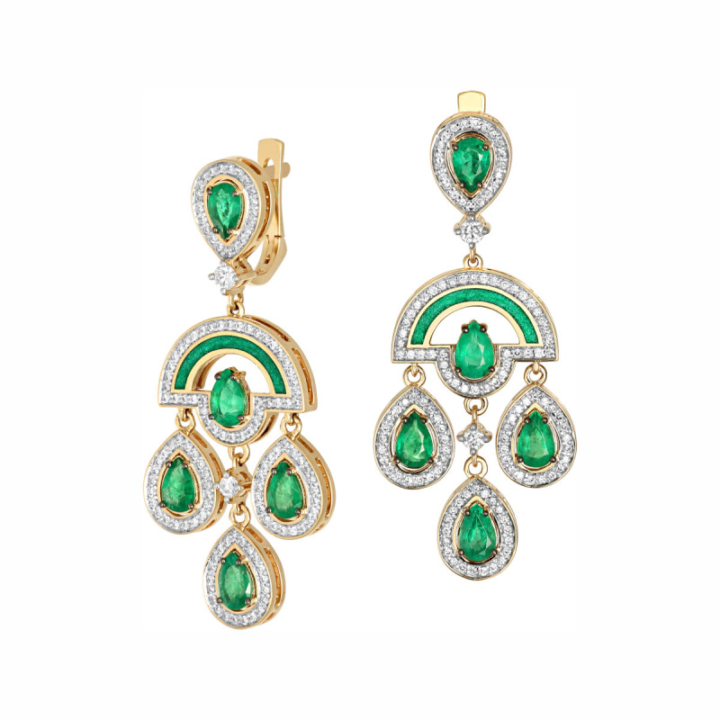 Серьги из желтого золота 585 пробы с изумрудами, бриллиантами и эмалью 01С6312973Э-1