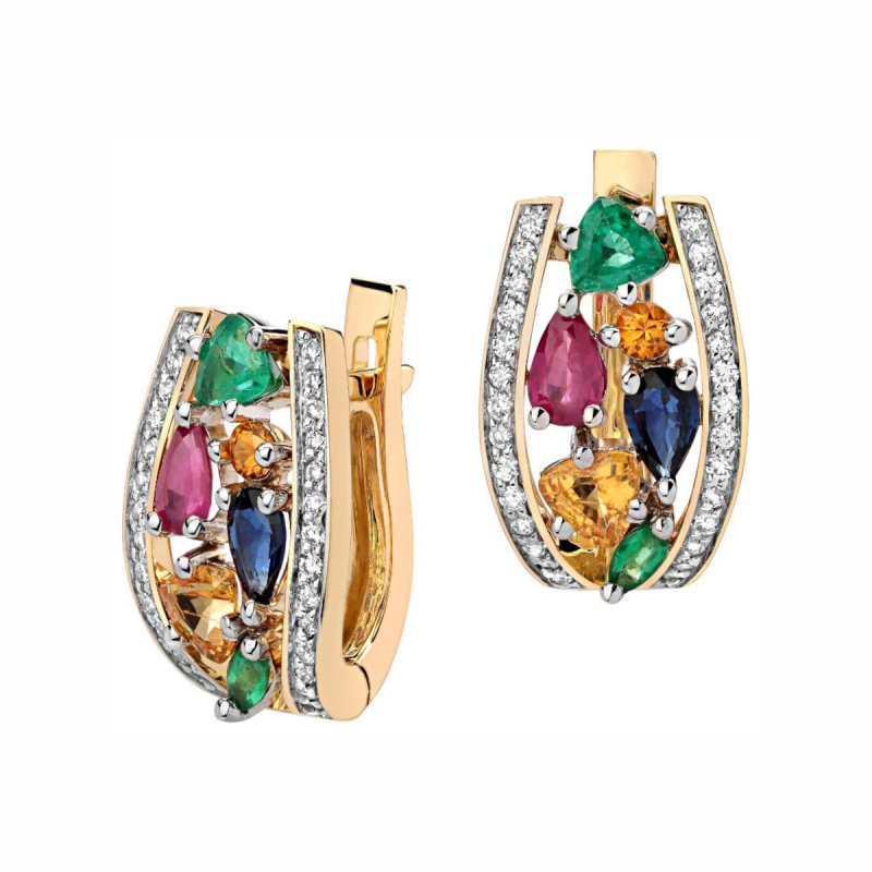 Серьги из комбинированного золота 750 пробы с сапфирами, изумрудами, рубинами и бриллиантами 01С6821012-3