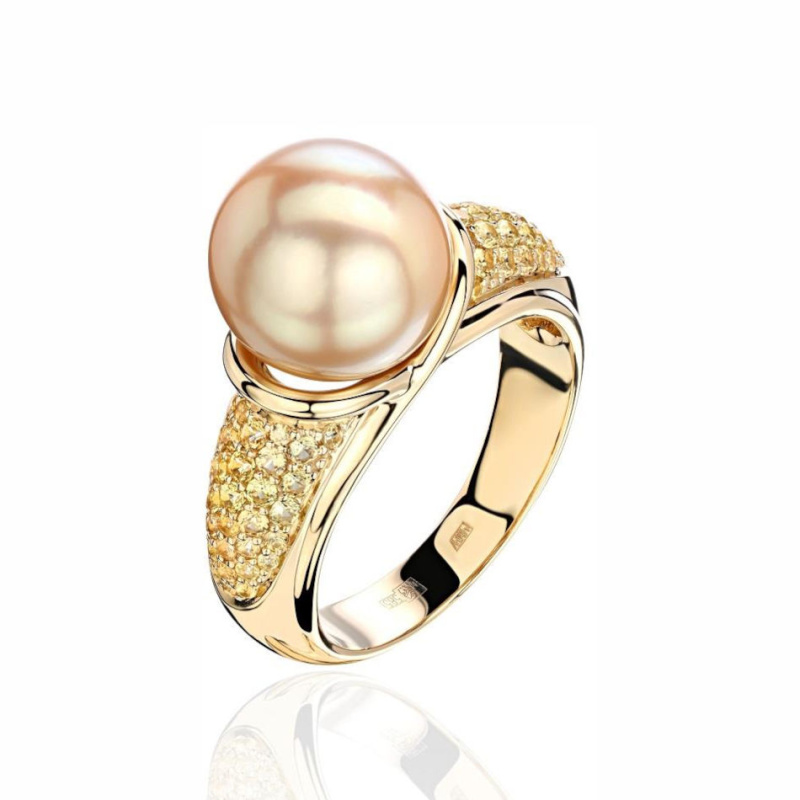 Кольцо из желтого золота 585 пробы с сапфирами и жемчугом 01К5314931-1