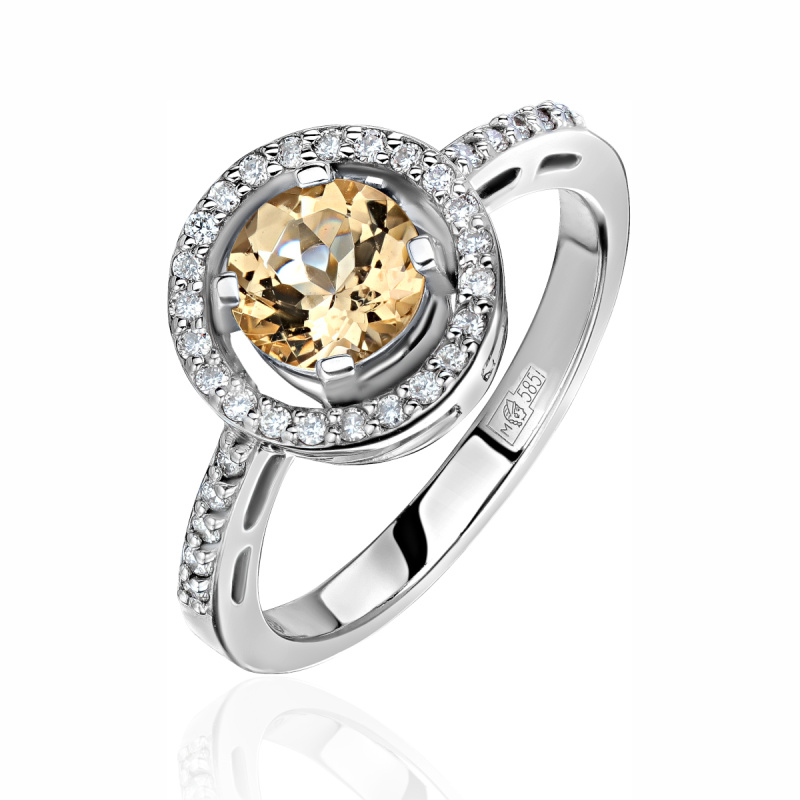 Кольцо из белого золота 585 пробы с гелиодором и бриллиантами 01К6213537-1