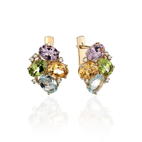 Серьги из желтого золота 585 пробы с цитрином, хризолитом, фианитами, топазом и аметистом  01С335667-1