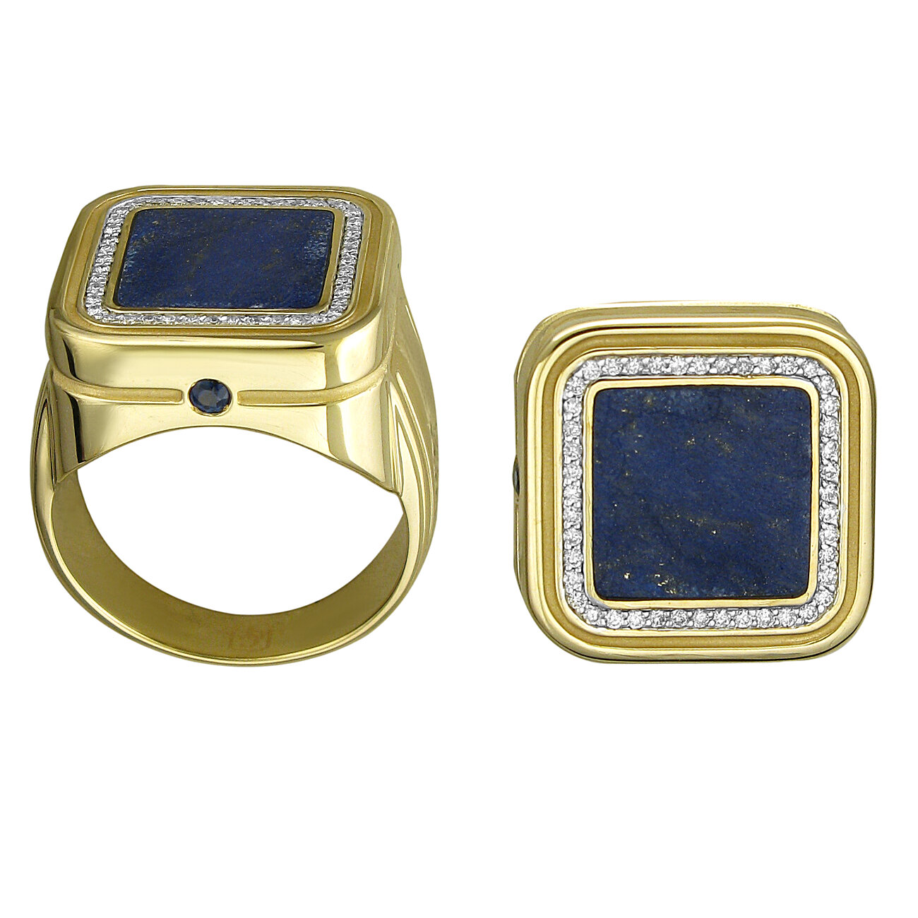 Перстень из желтого золота 585 пробы с лазуритом и сапфирами 01Т6312870-1
