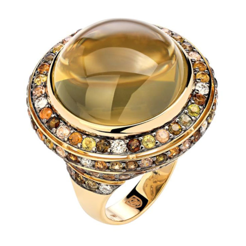 Кольцо из желтого золота 585 пробы с кварцем, цитринами, танзанитами, гиацинтами и бриллиантами 01К6312182-3