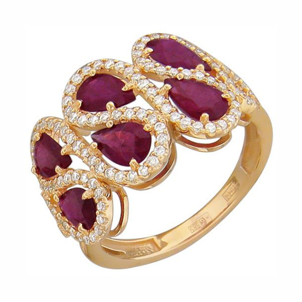 Кольцо из красного золота 585 пробы с бриллиантами и рубинами 01К617033-3